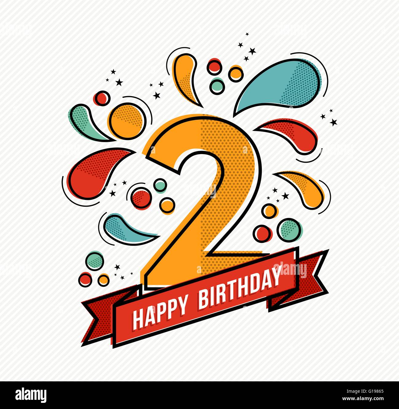 Joyeux anniversaire numéro 2, cartes de vœux pour deux ans dans l'art moderne ligne plate avec des formes géométriques colorées. Illustration de Vecteur