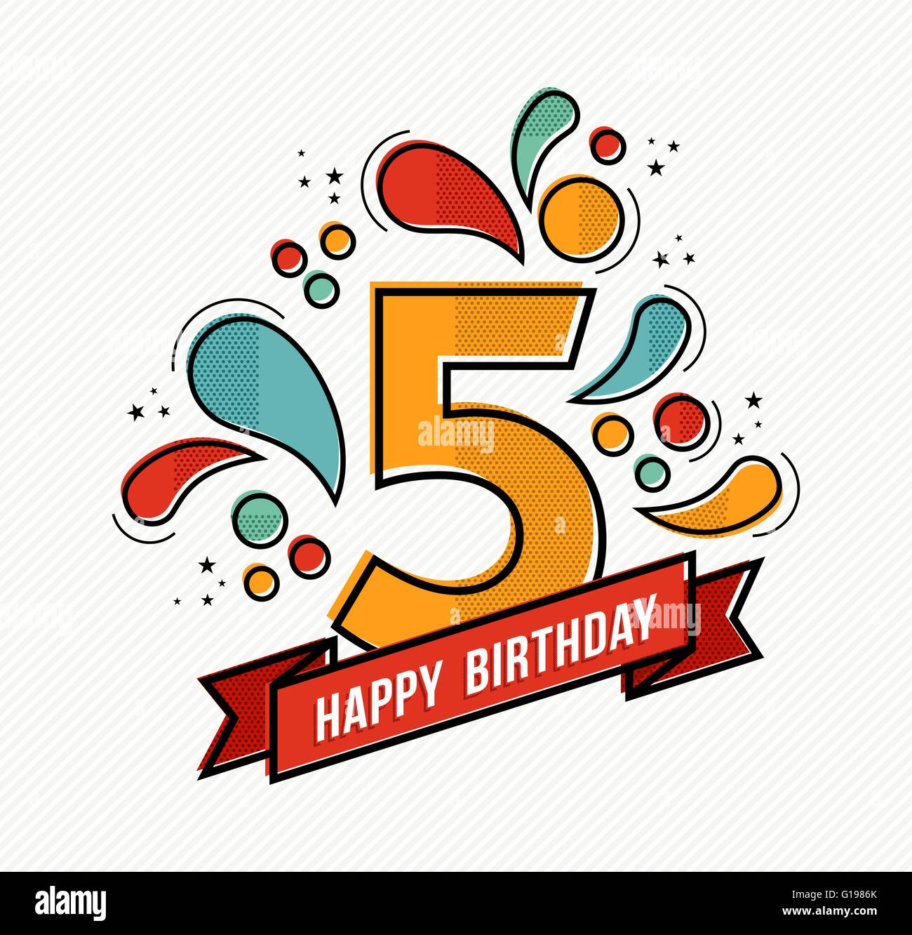 Joyeux anniversaire numéro 5, carte de souhaits pour cinq ans dans l'art moderne ligne plate avec des formes géométriques colorées. Illustration de Vecteur