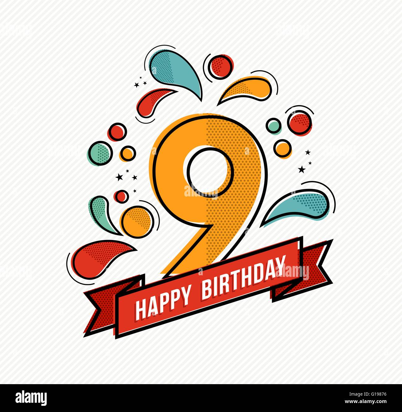 Joyeux anniversaire numéro 9, cartes de vœux pour l'an neuf dans l'art moderne ligne plate avec des formes géométriques. Illustration de Vecteur