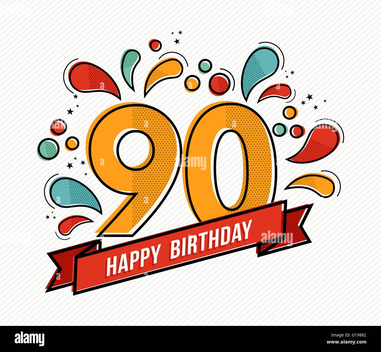 Joyeux anniversaire numéro 90, cartes de vœux pendant quatre-vingt-dix ans dans l'art moderne ligne plate avec des formes géométriques colorées. Illustration de Vecteur