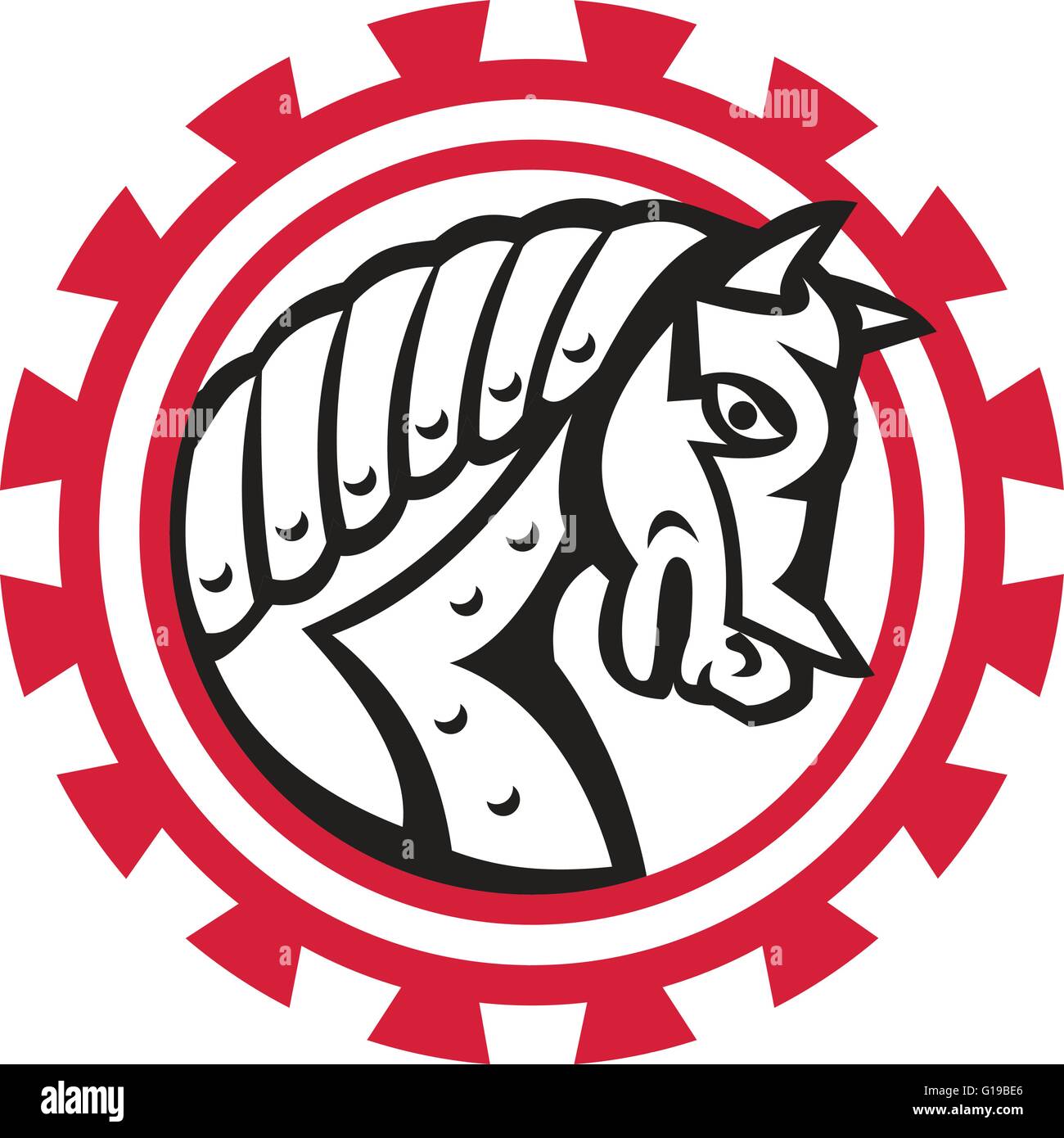 Illustration d'un cheval de guerre en armure côté tête de l'ensemble de vues à l'intérieur du cercle et forme des dents isolées sur fond blanc fait dans Illustration de Vecteur
