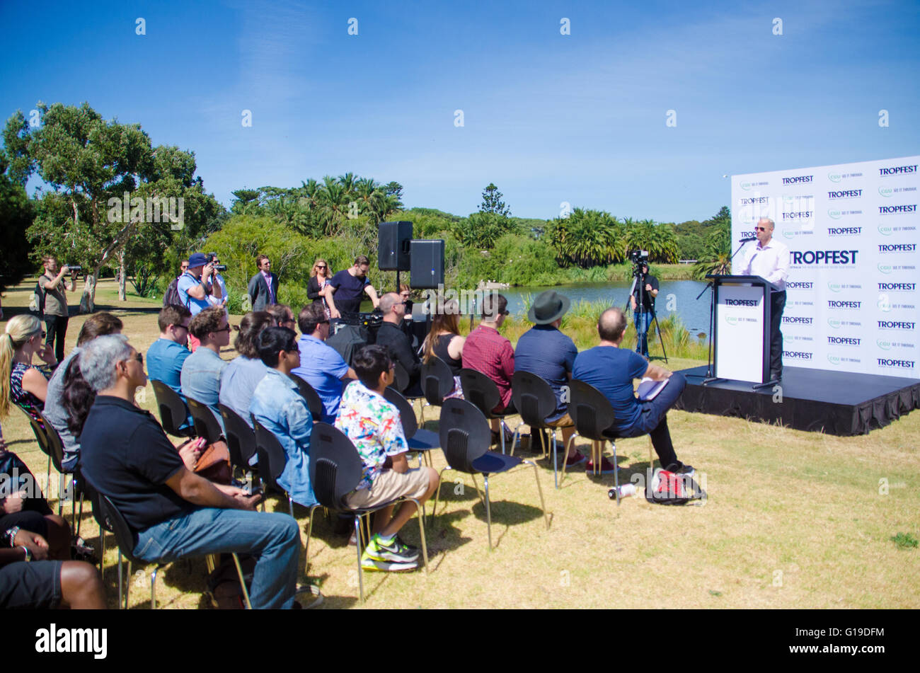 Sydney, Australie - 6 décembre 2015 : Tropfest Film Festival Médias conférence de presse / lancement de l'événement. Lors de cet événement, il a été annoncé que le film festival aura lieu le 14 février 2016 au Parc du Centenaire à Sydney, Australie. Banque D'Images