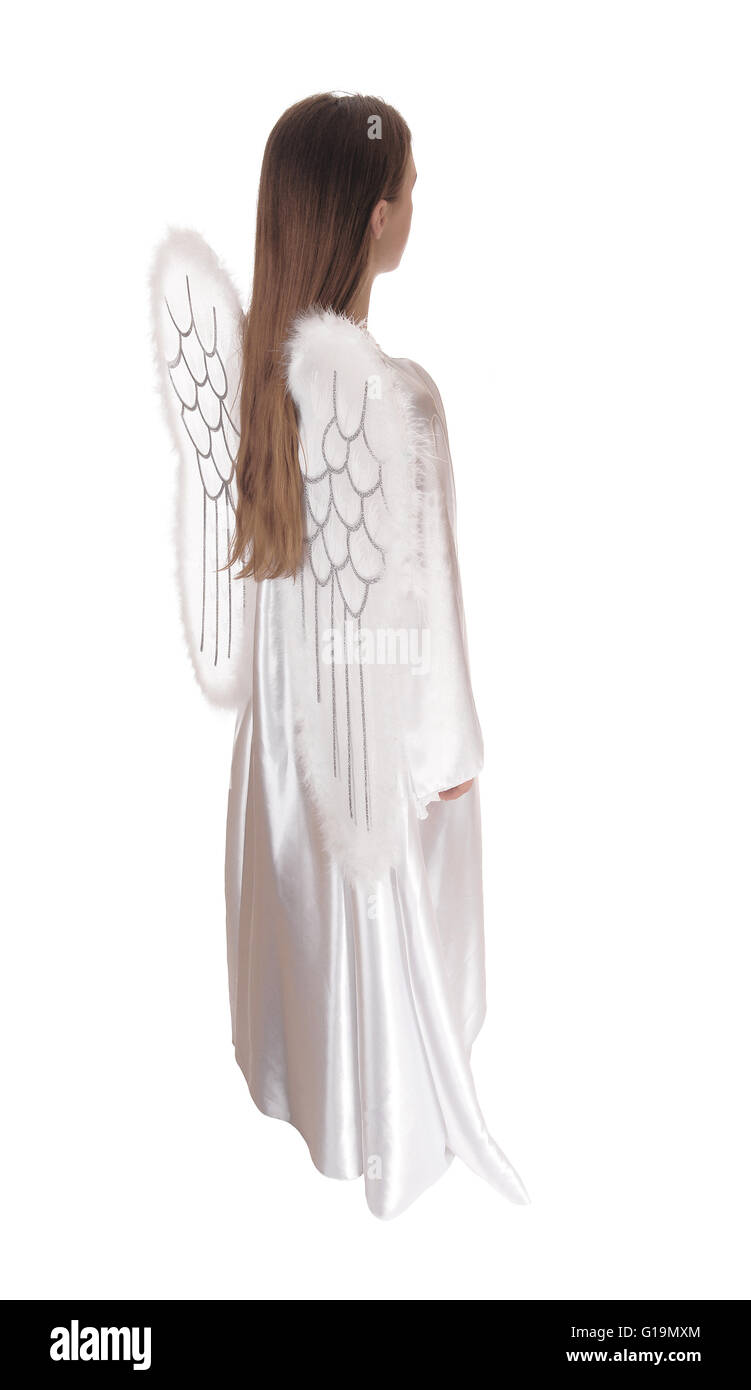 Dans Des Une Robe Satain Un Longue Ange Avec Ailes Et Longs Blanche nwOPk0