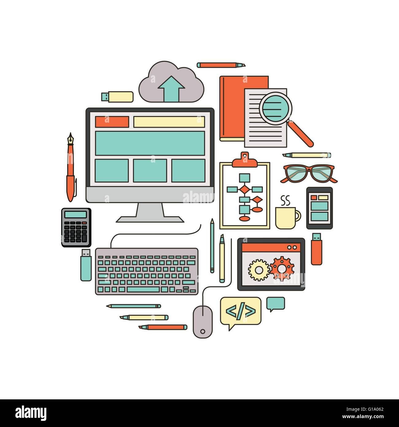 Elle, le web et le développement d'outils logiciels vector ligne fine des objets dans une forme circulaire sur fond blanc Illustration de Vecteur