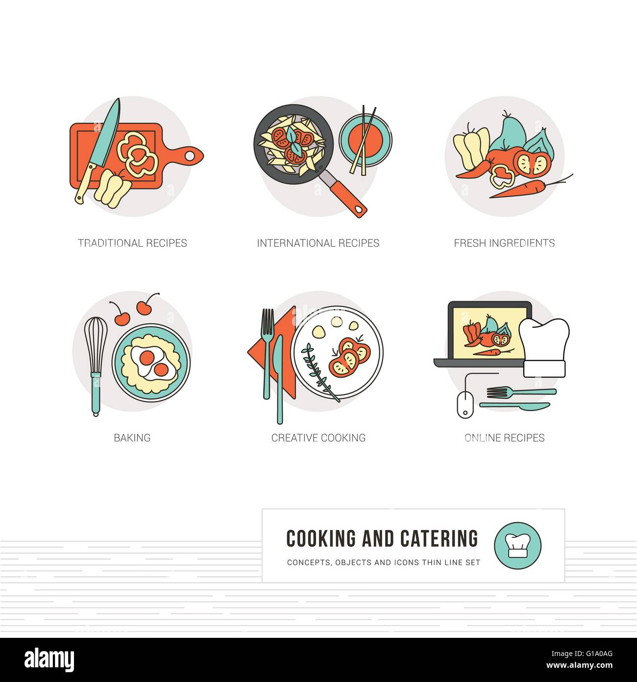 La cuisson des aliments, et des concepts internationaux et des recettes traditionnelles et des ingrédients, fine ligne d'objets et icônes Illustration de Vecteur