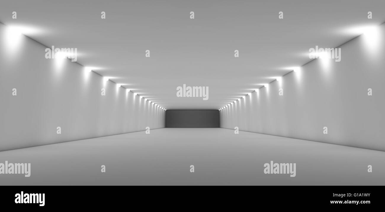 Résumé long tunnel blanc vide intérieur avec un éclairage doux. Digital 3d illustration Banque D'Images