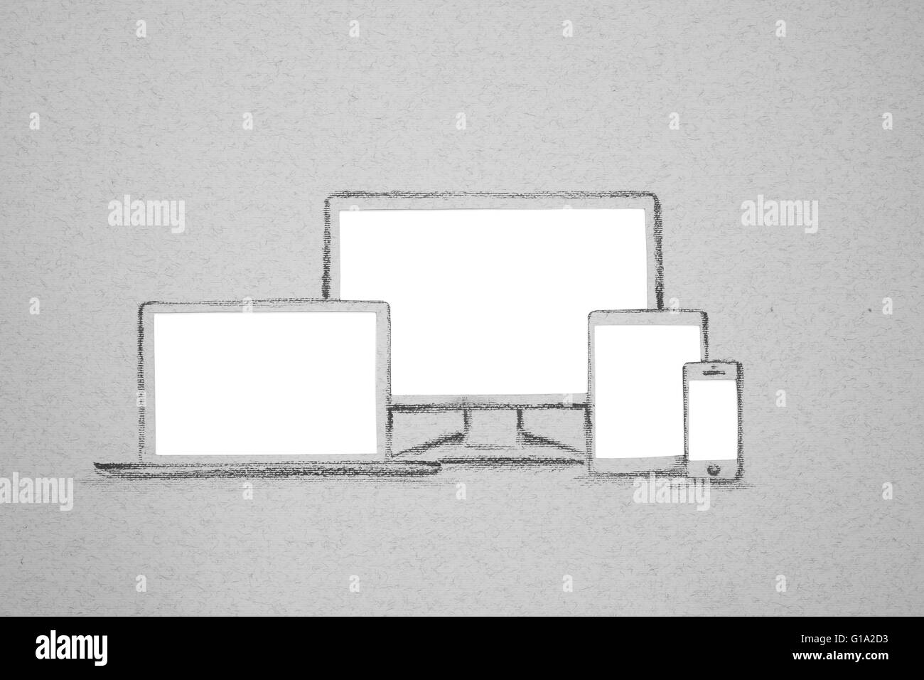 La photographie d'ensemble de l'appareil tirés sur papier gris blanc avec copie espace isolé, ordinateur portable moniteur PC tablette smartphone téléphone cellulaire Banque D'Images