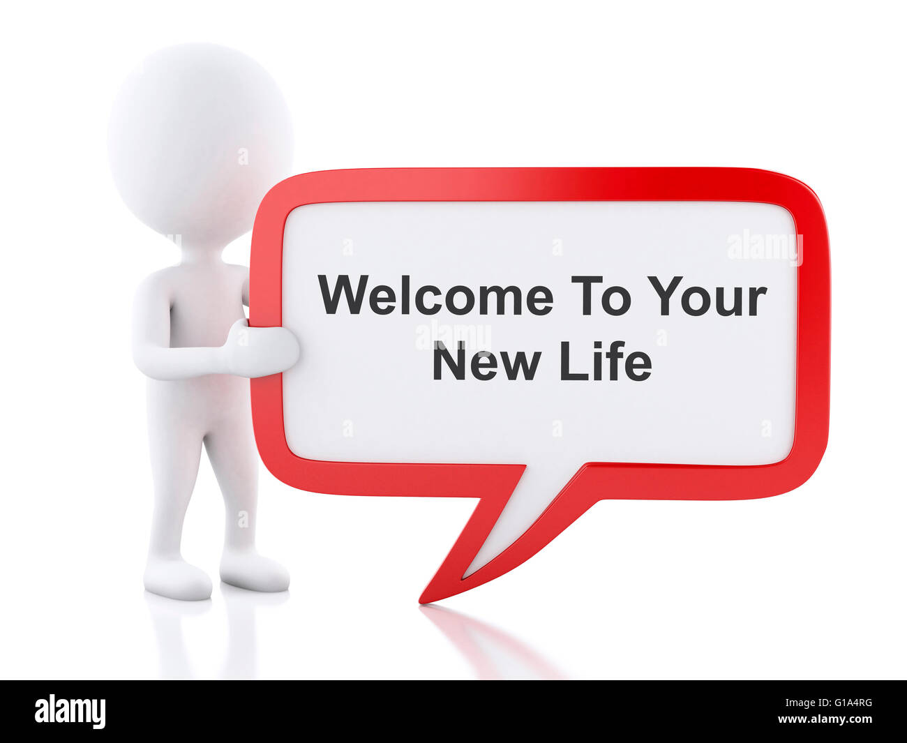 Moteur de rendu 3d image. Les blancs avec bulle qui dit Bienvenue dans votre nouvelle vie. Concept d'entreprise. White isolés Banque D'Images