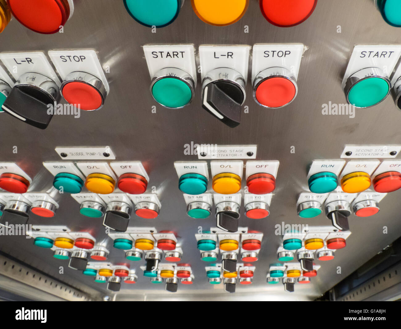 Panneau interrupteur électrique industriel, avec des boutons de différentes  couleurs. Vue spectaculaire avec une faible profondeur de champ Photo Stock  - Alamy