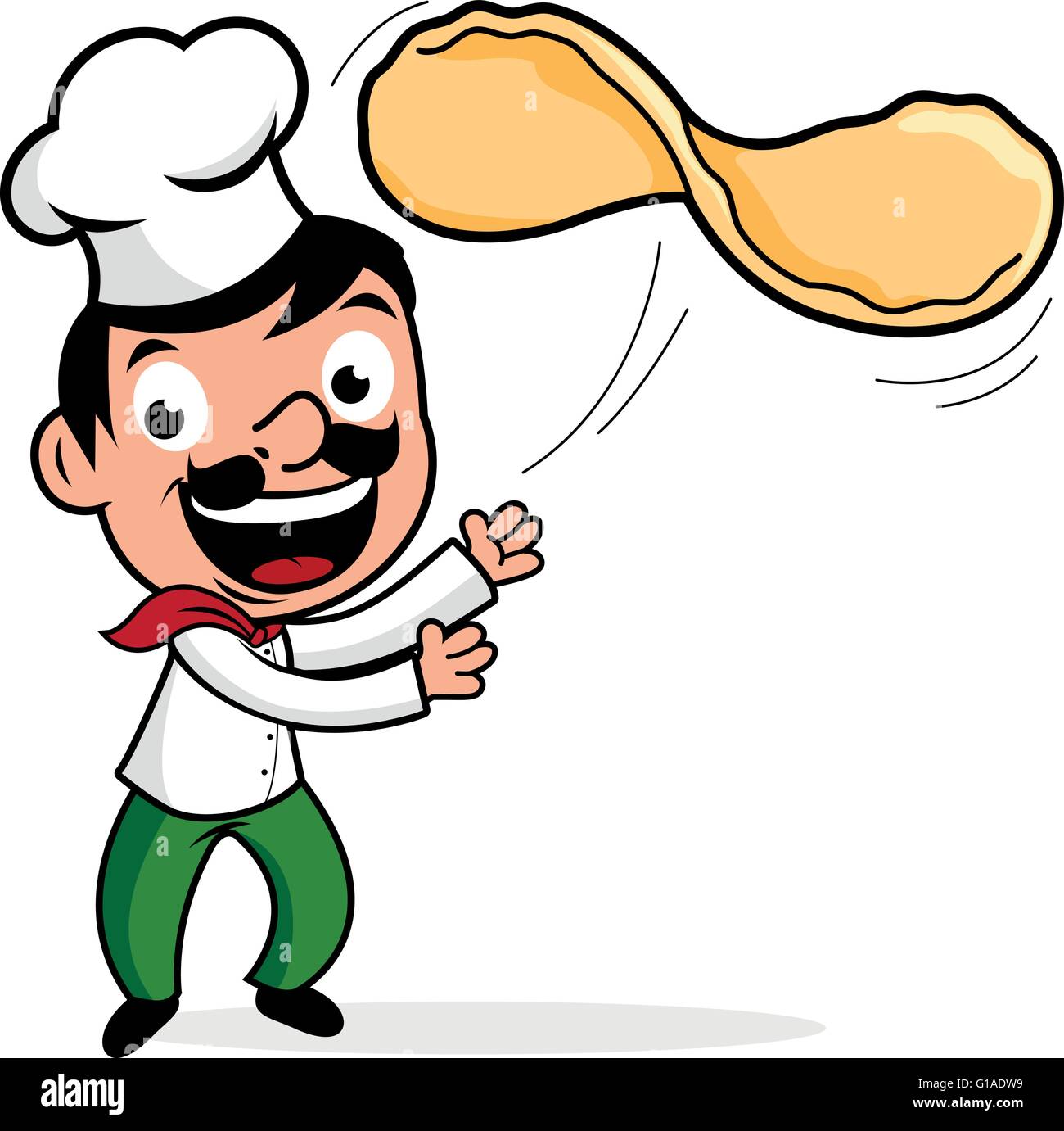 Chef de bande dessinée jetant une pâte à pizza. Pizzeria cuisinier italien faisant une pizza. Illustration vectorielle Illustration de Vecteur