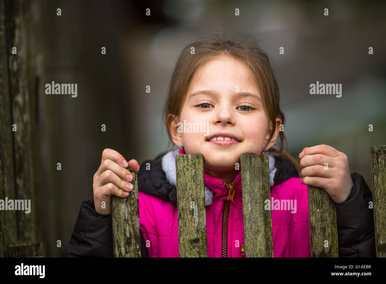 Portrait of little girl peeking de derrière la clôture. Banque D'Images