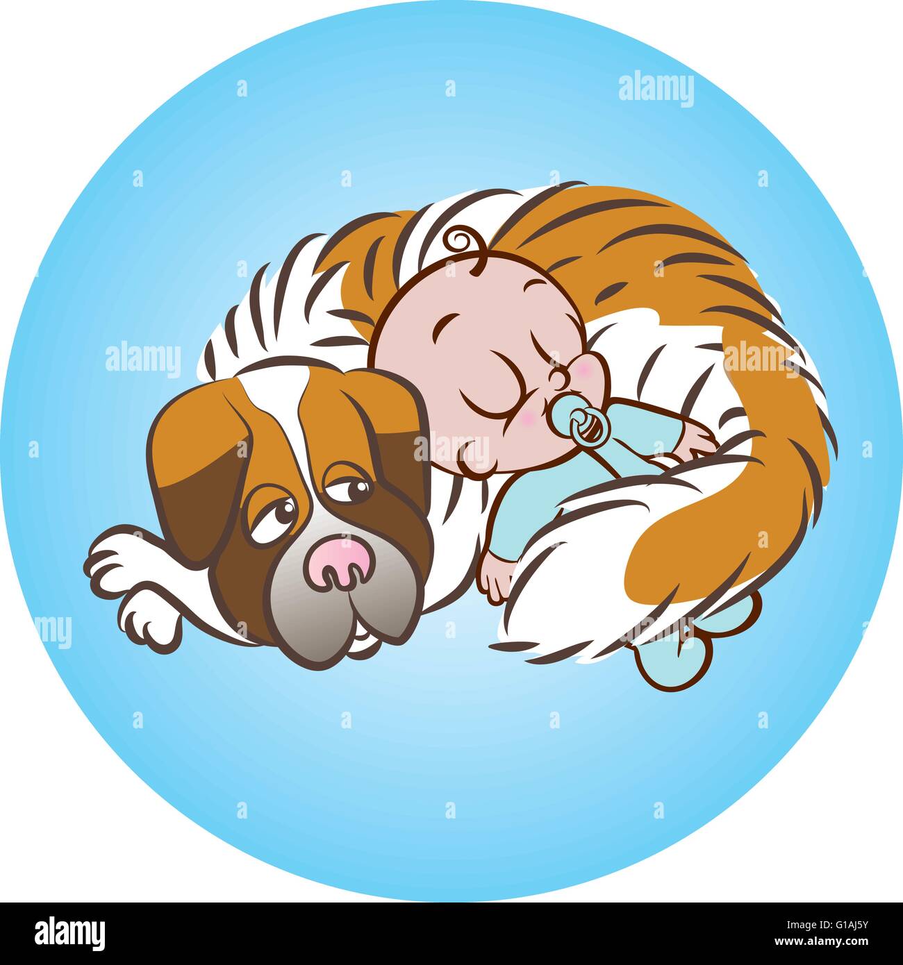 Vector illustration d'un bébé garçon endormi avec saint Bernard chien sur fond bleu Illustration de Vecteur