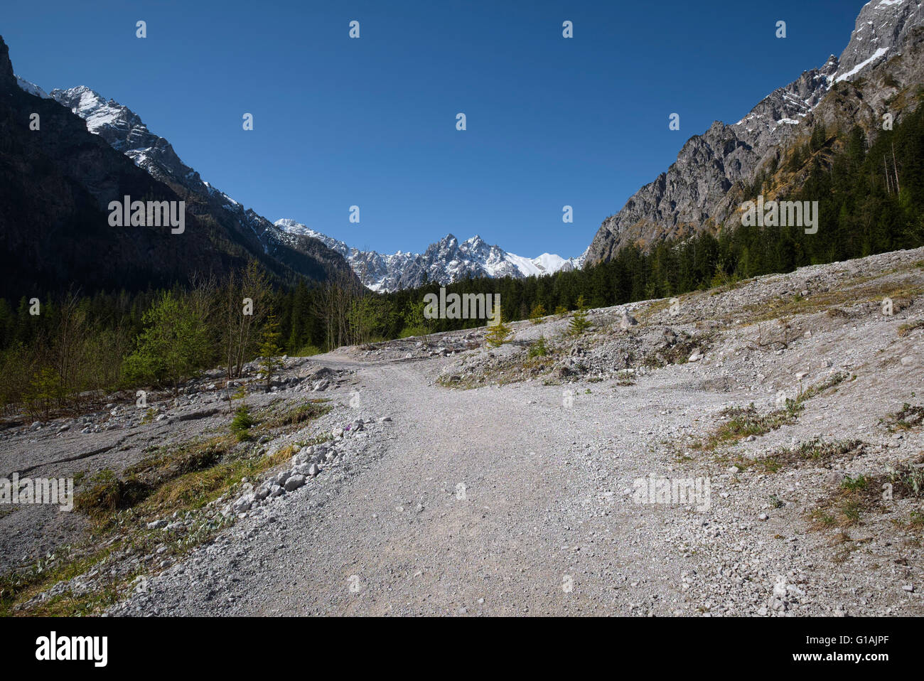 Sentier de randonnée à Wimbachgries entouré de montagnes enneigées, Berchtesgaden, Bavière, Allemagne Banque D'Images