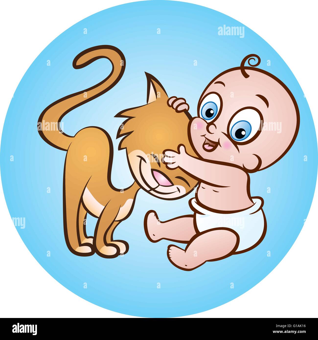 Vector illustration of cute baby assis tenant un chaton dans les bras sur fond bleu Illustration de Vecteur