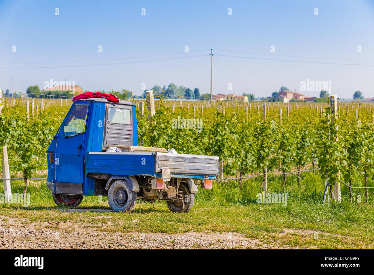 Van avec trois roues en face d'un vignoble dans la campagne italienne Banque D'Images