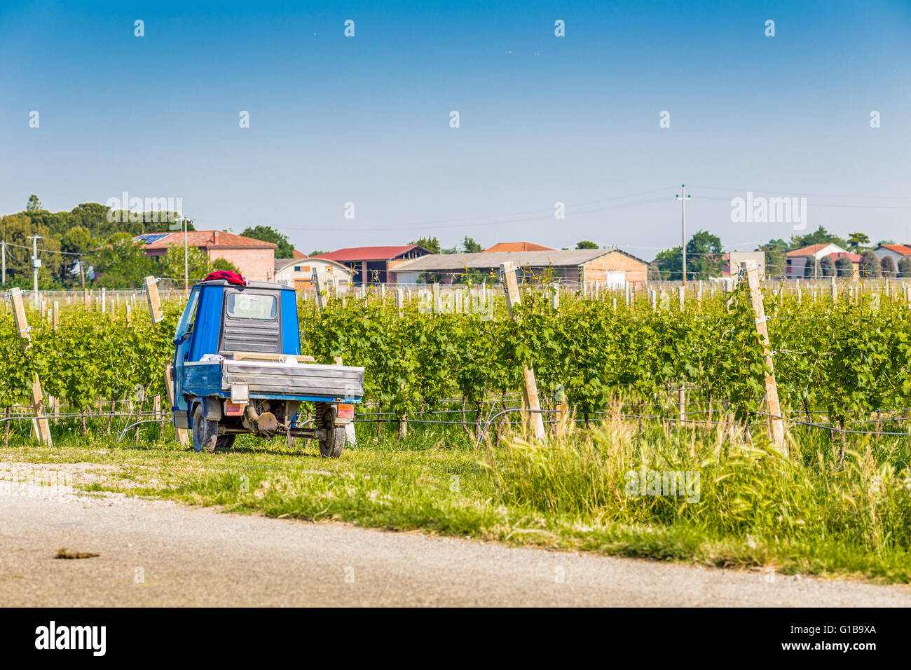 Van avec trois roues en face d'un vignoble dans la campagne italienne Banque D'Images