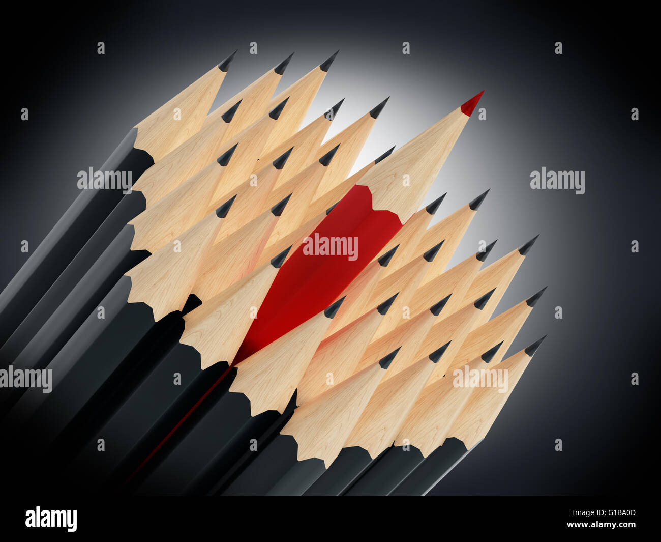 Crayon rouge parmi les crayons noirs. Banque D'Images