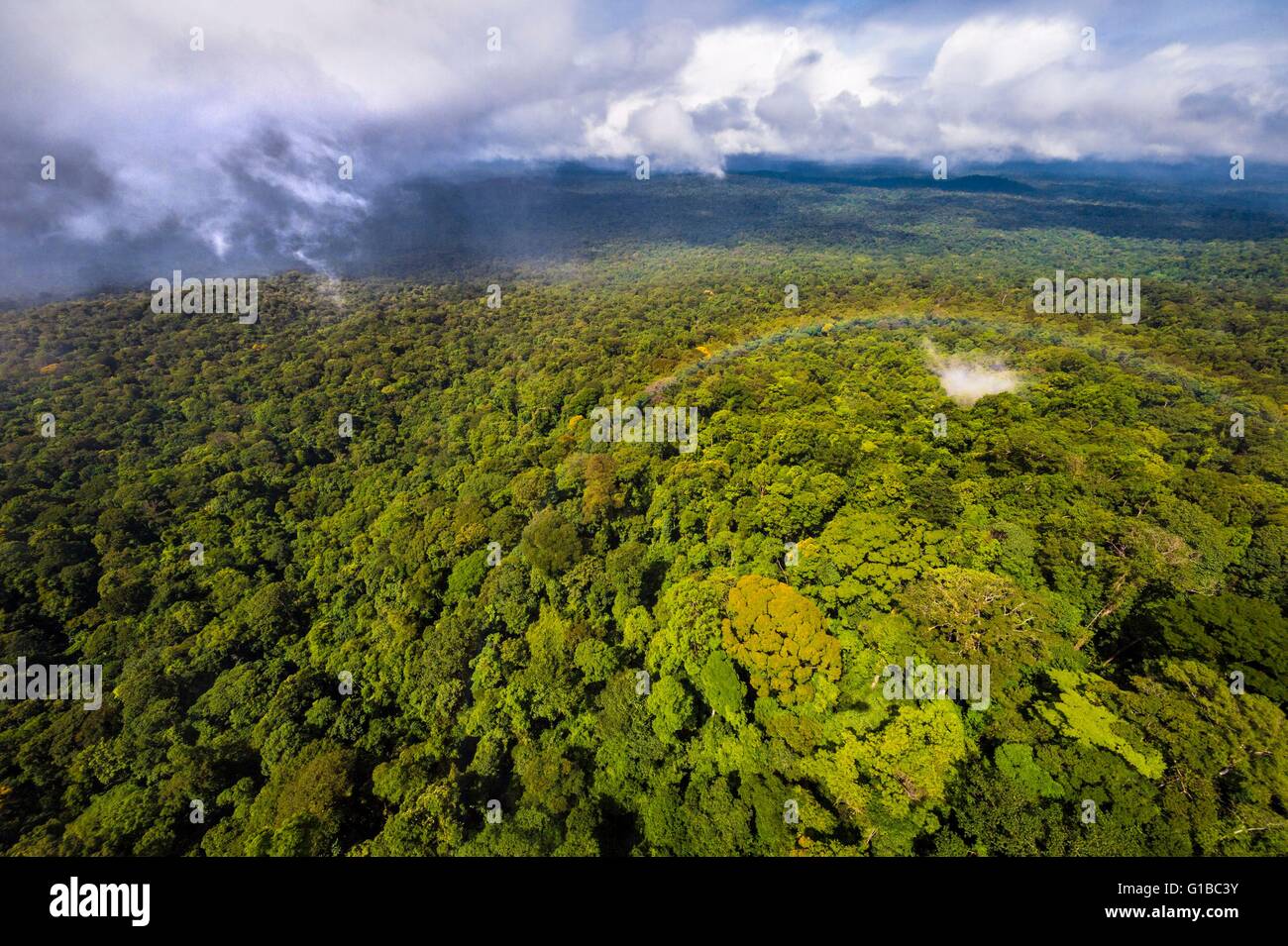 France, Guyana, Guyane Française, cœur du parc Amazonien, donnant sur la plaine amazonienne depuis la chaîne du Mont Itoupe tabulaire (830 m), saison des pluies, vue aérienne à partir d'hélicoptères de transport de l'équipe scientifique Banque D'Images