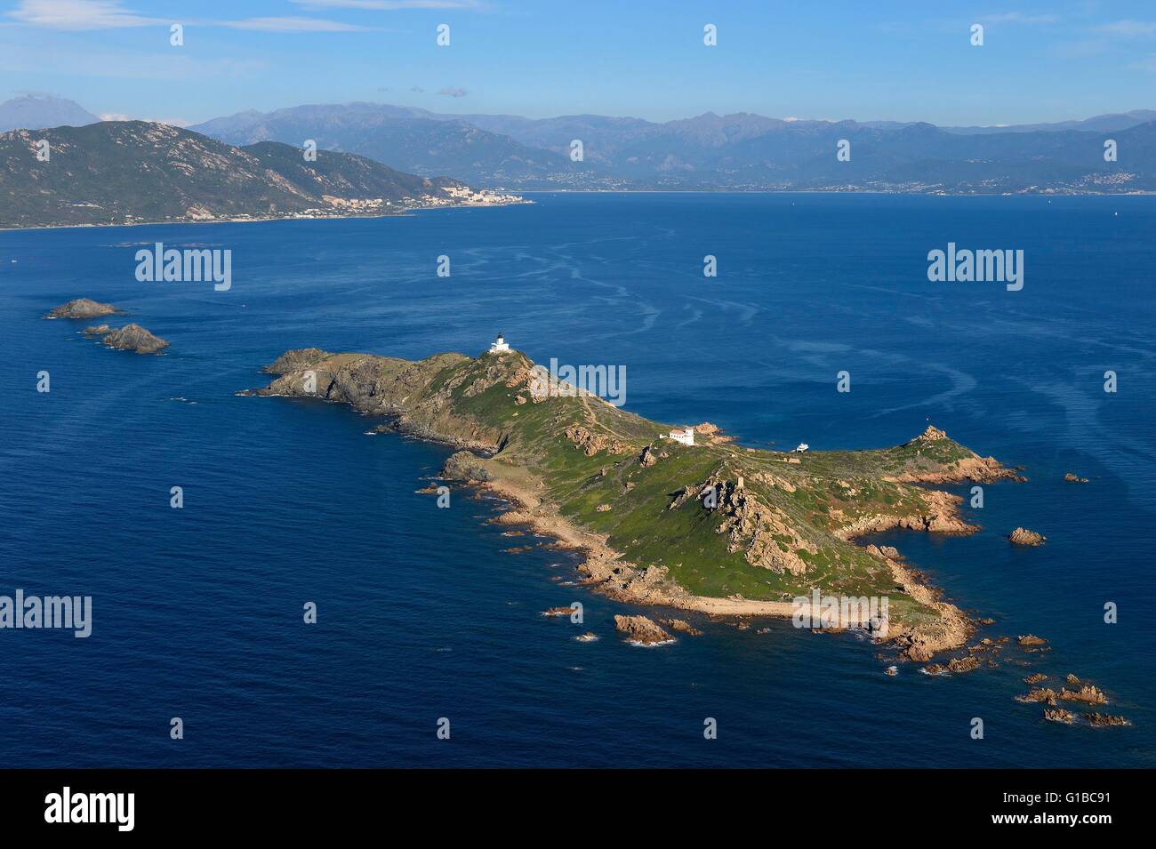 France, Corse du Sud, Golfe d'Ajaccio, Parata point, îles Sanguinaires, Mezzu mare island et son phare (vue aérienne) Banque D'Images