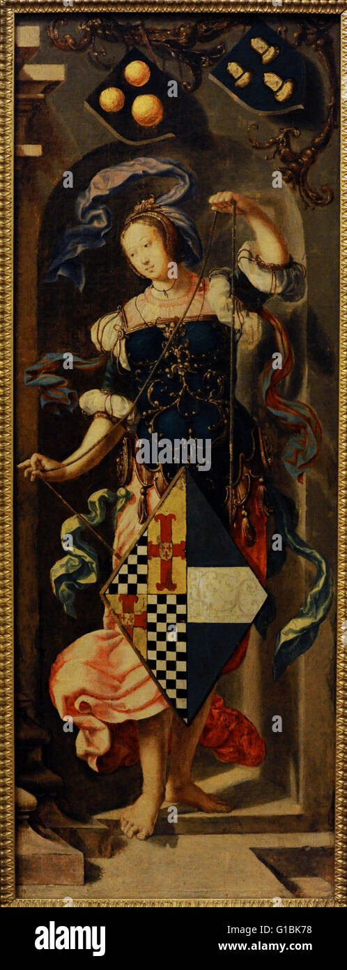 Lucas van Leyden (1494-1533). Peintre hollandais. La guérison de l'Aveugle de Jéricho (triptyque), 1531. Panneau de droite. Il représente un bouclier porteur avec les armoiries des commissaires probable. Elle Dirckgen Boelensdr est de Dirck, épouse de Jacob van Montfoort Florisz, un éminent citoyen de Leiden. Huile sur toile. Le Musée de l'Ermitage. Saint Petersburg. La Russie. Banque D'Images