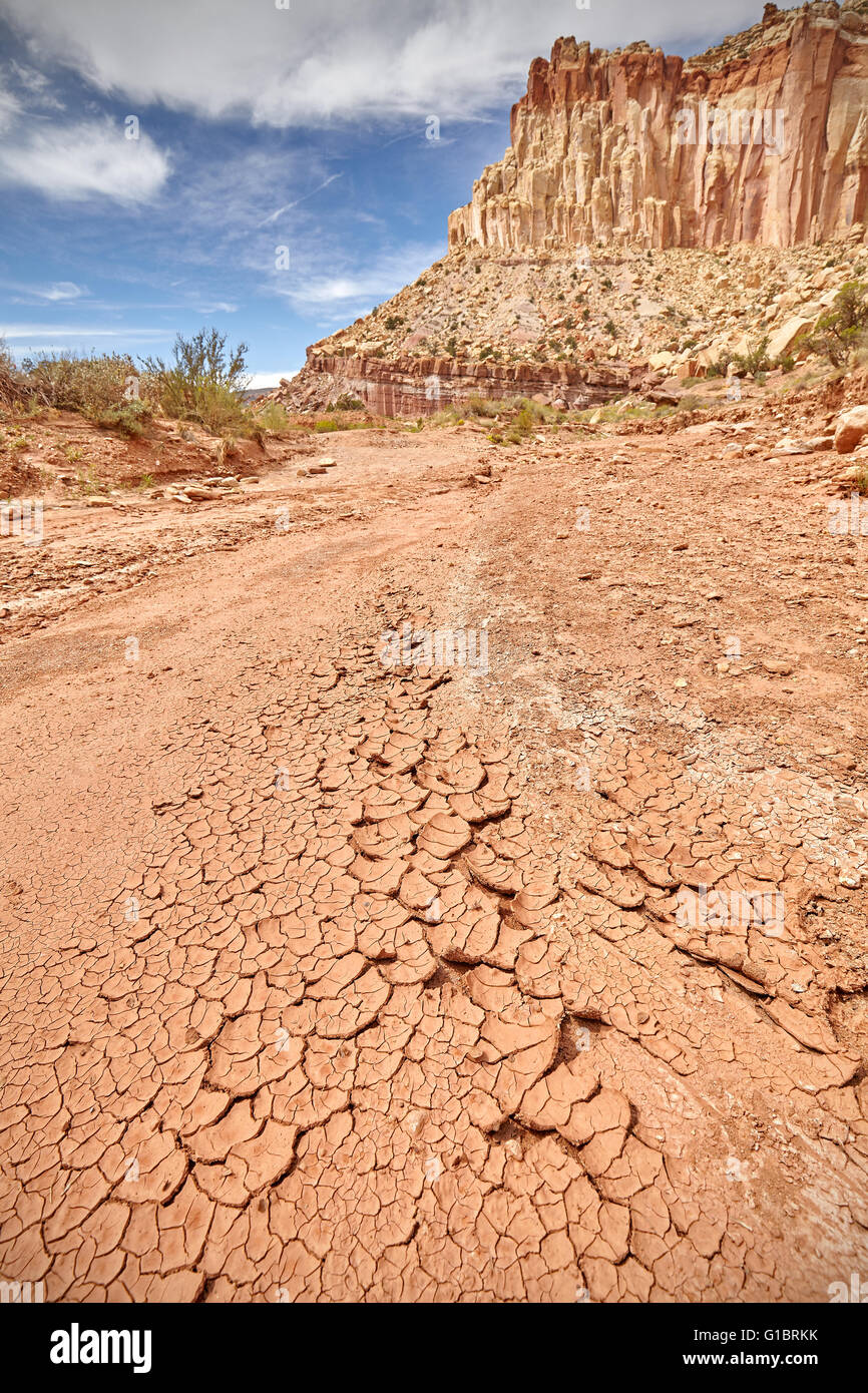 La boue séchée, de la sécheresse et de sol aride concept, faible profondeur de champ. Banque D'Images
