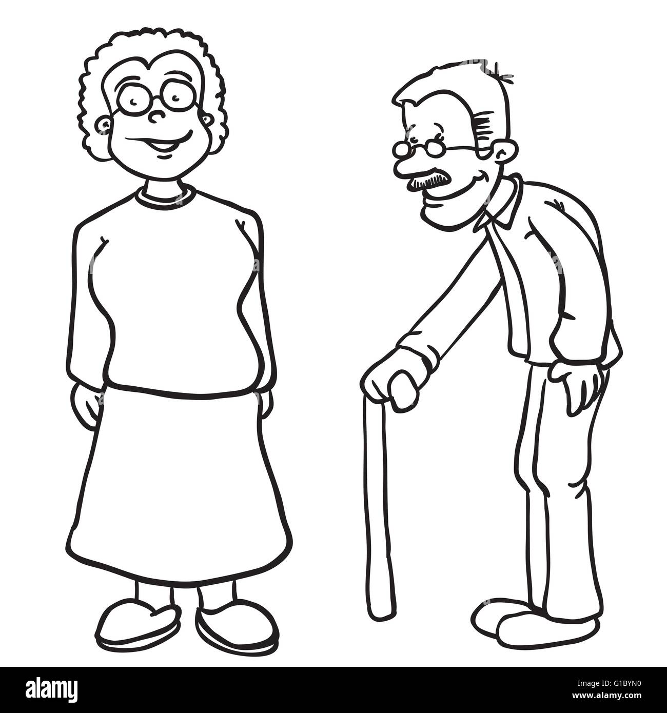 Les grands-parents simples en noir et blanc dessin animé Illustration de Vecteur