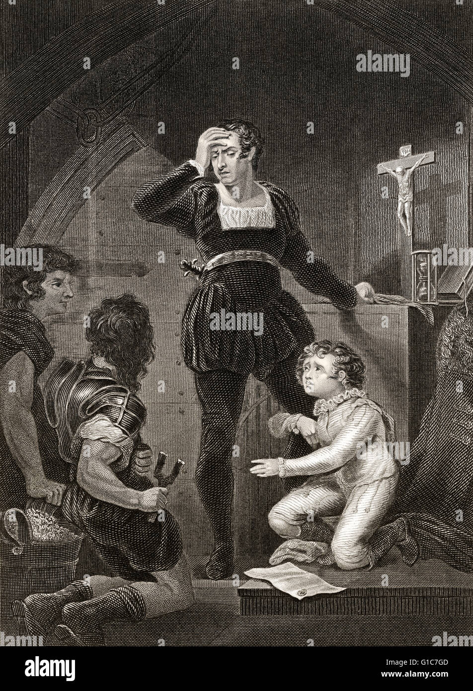 Le prince Arthur, duc de Bretagne et Hubert de Burgh, scène de 'La Vie et mort du roi Jean', une pièce historique par William Shake Banque D'Images
