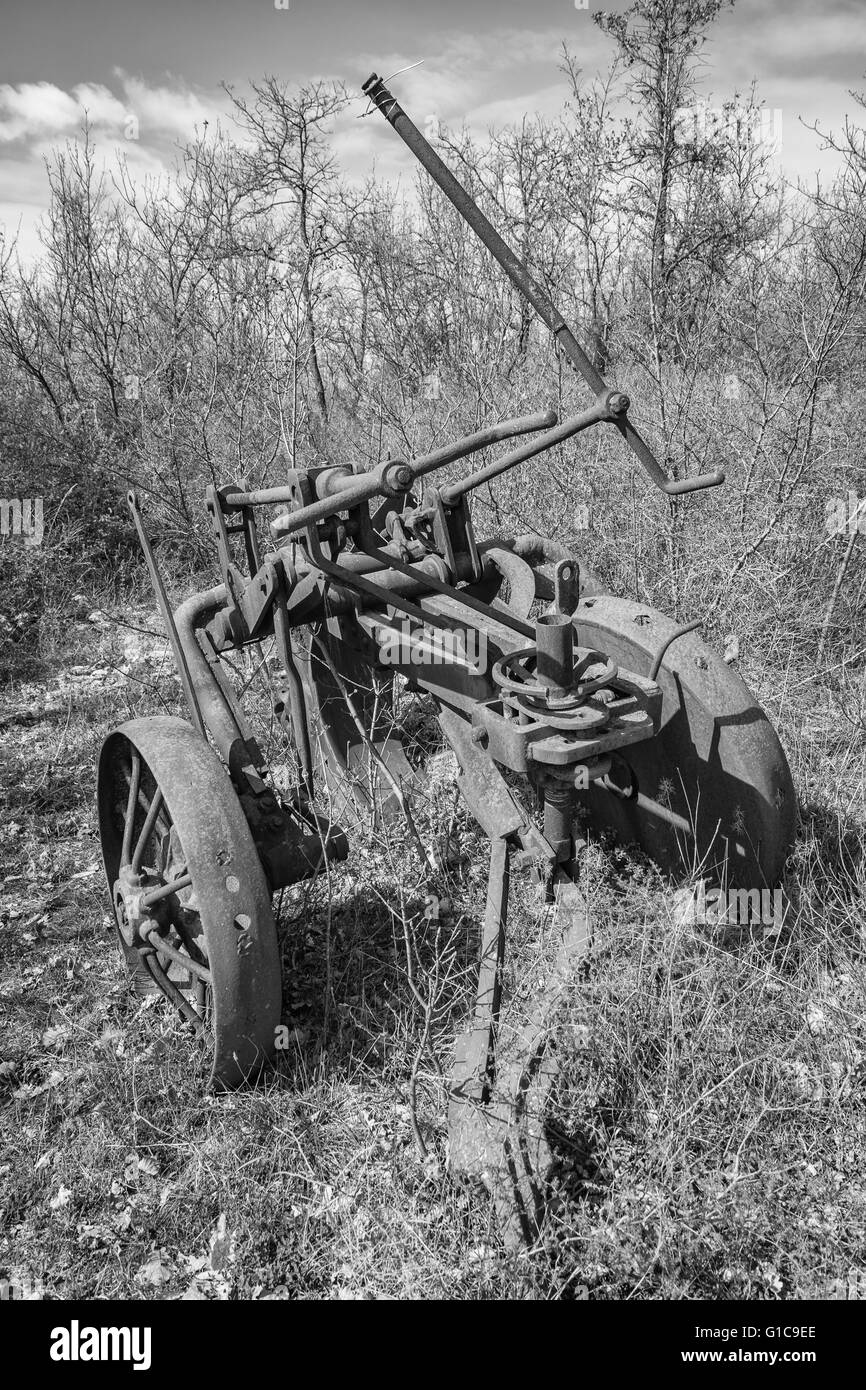 Vieux fer rouillé charrue abandonnée dans un champ envahi. Banque D'Images