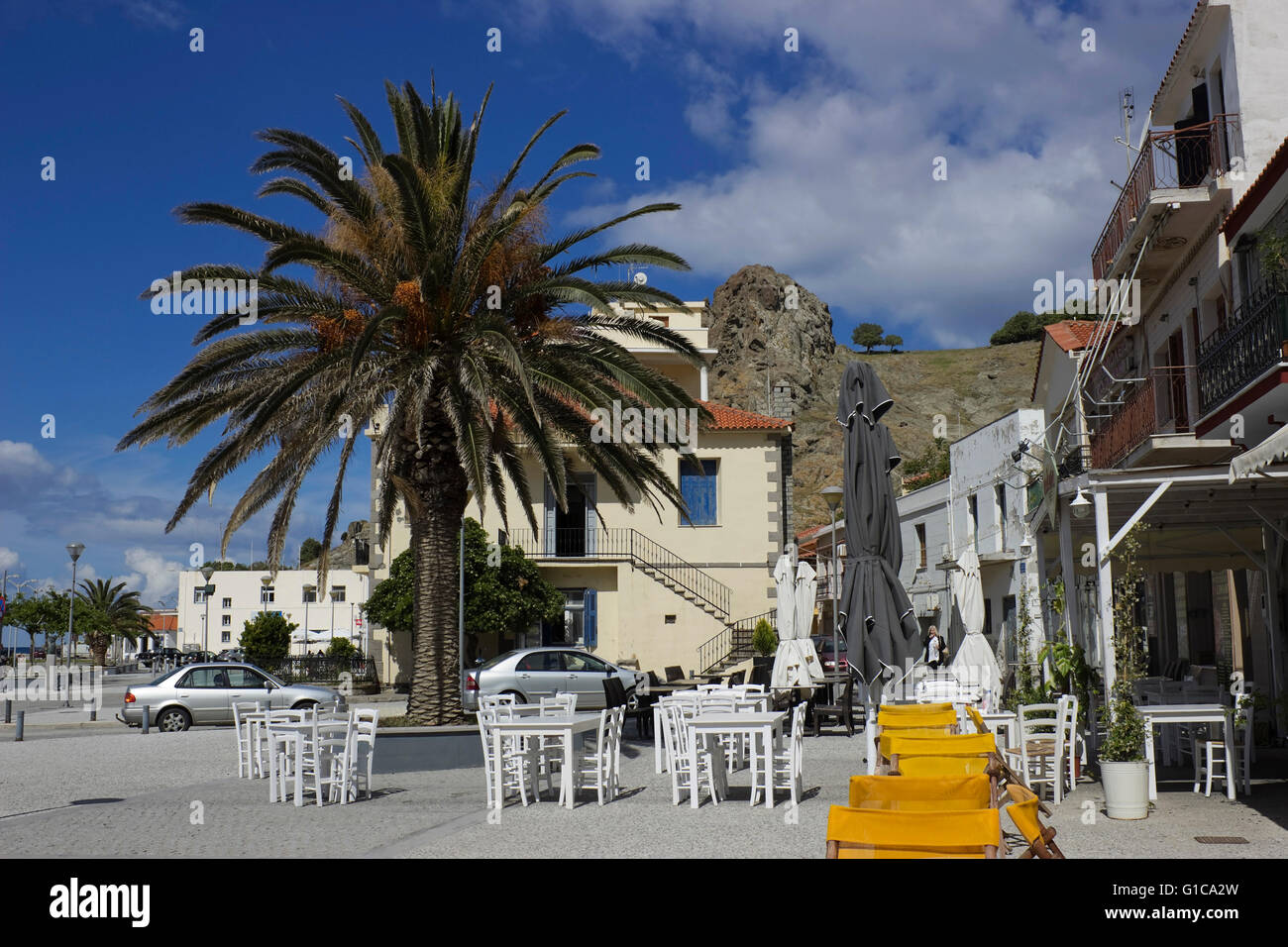 Palmier et haut vide café-restaurant les tables avec des chaises sur le trottoir de Myrinas promenade. Limnos, Grèce Banque D'Images