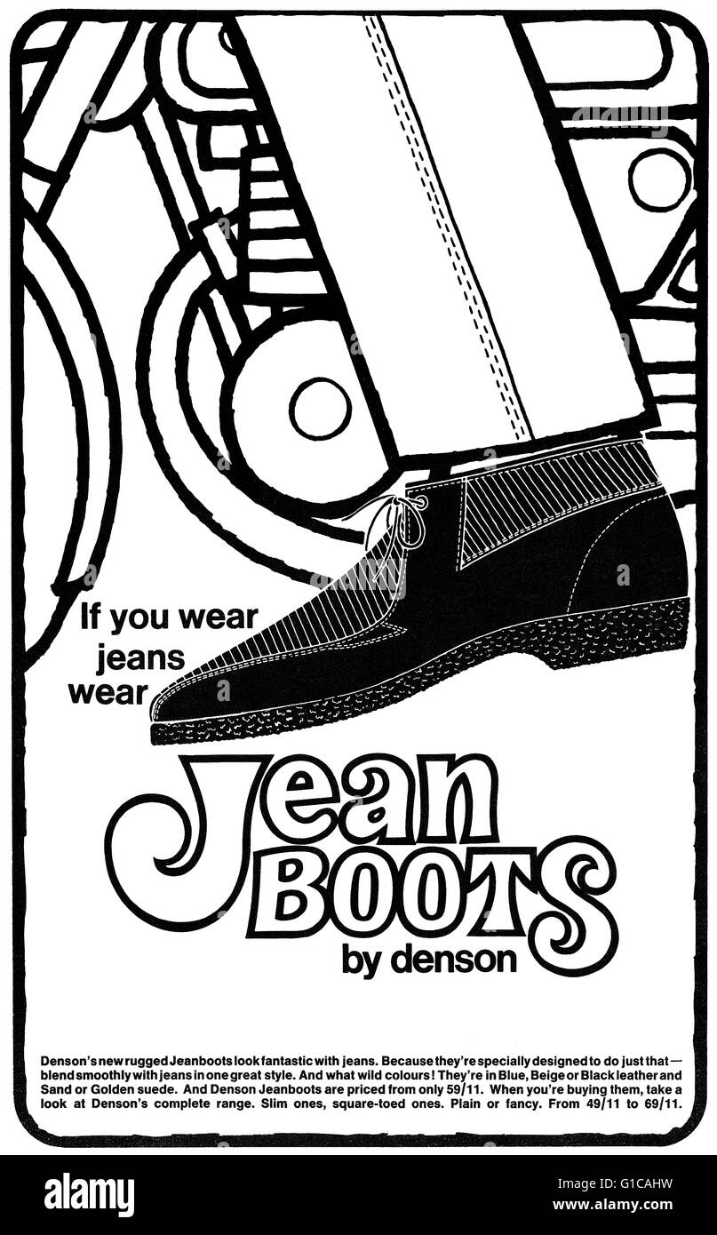 1968 publicité en noir et blanc pour Jean Boots par Denson Banque D'Images