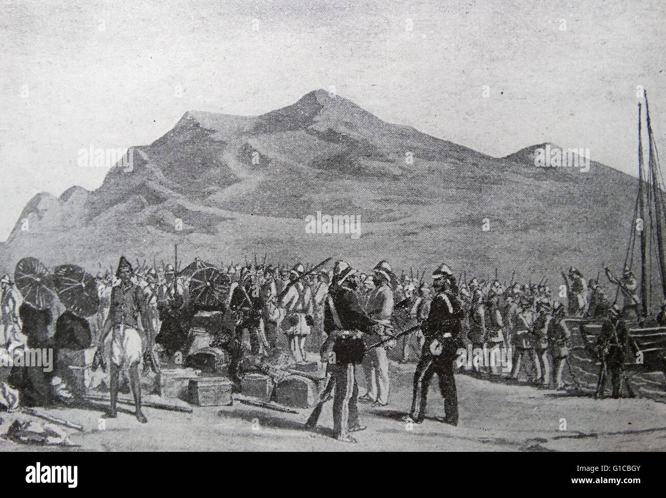 Gravure représentant le débarquement de troupes britanniques à Talien-Wan. Datée 1860 Banque D'Images