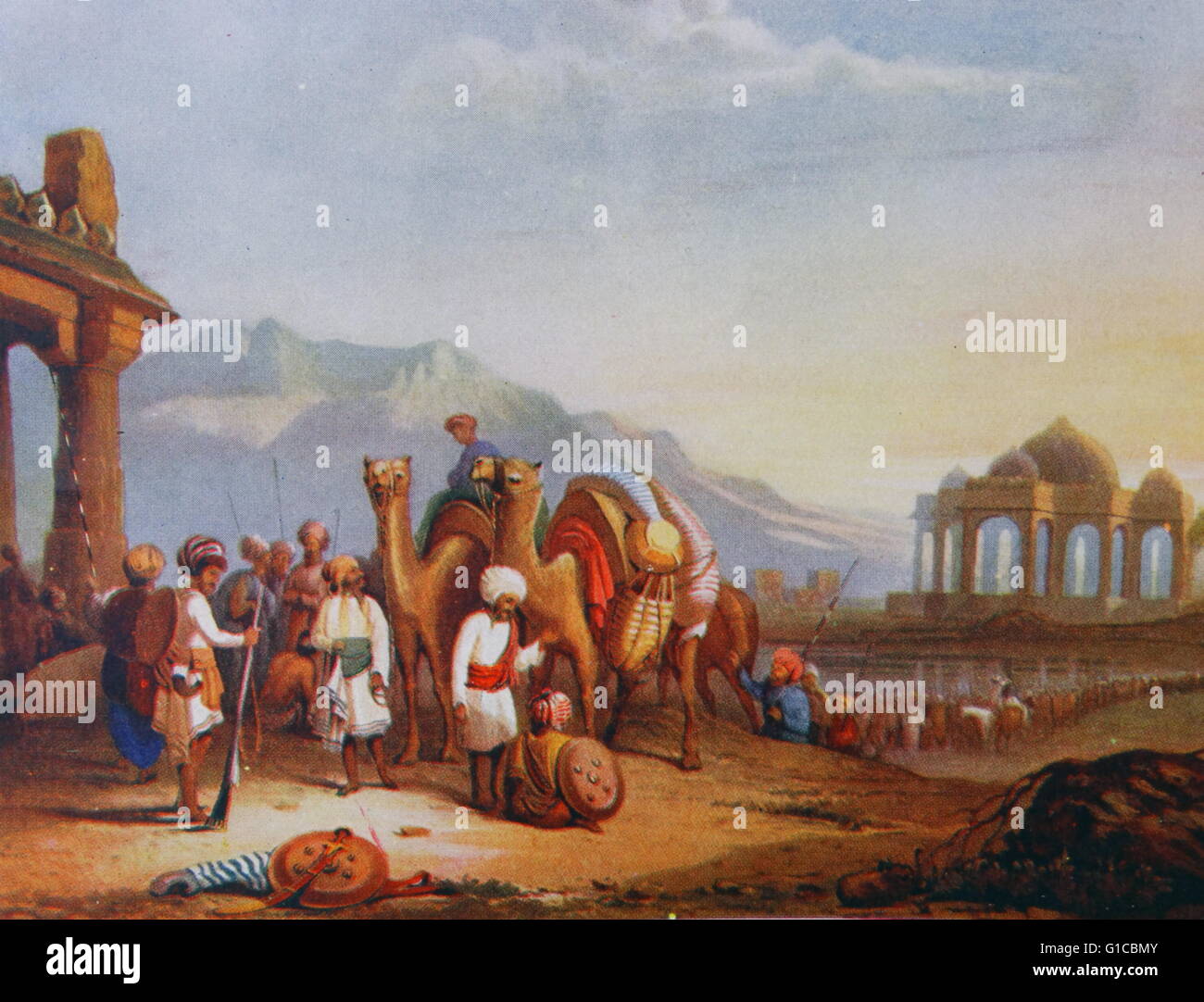 Aquatinte en couleur illustrant une scène dans Kattiawar, les voyageurs et d'escorte par Clarkson Frederick Stanfield (1794-1867) un peintre de marine anglais. Datée 1830 Banque D'Images