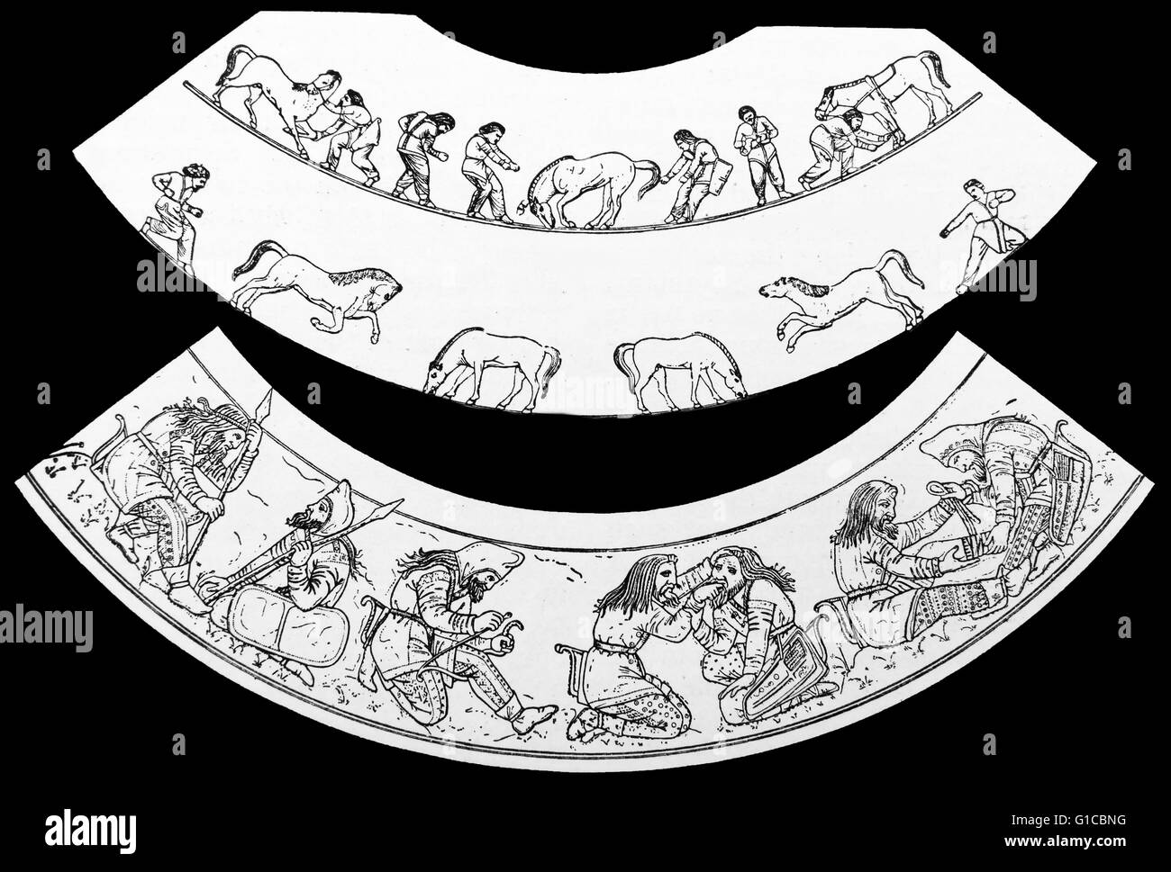 Cavaliers et guerriers Scythes, dessiné après des chiffres sur l'électrum une tasse de l'Kul-Oba kurgan enterrement près de Kertch, en Crimée. Les Scythes étaient un important groupe de nomades d'Eurasie, de l'Iran dans le centre de steppes eurasiennes de la 9ème siècle avant J.-C. jusqu'à environ le 1er siècle avant JC. Banque D'Images
