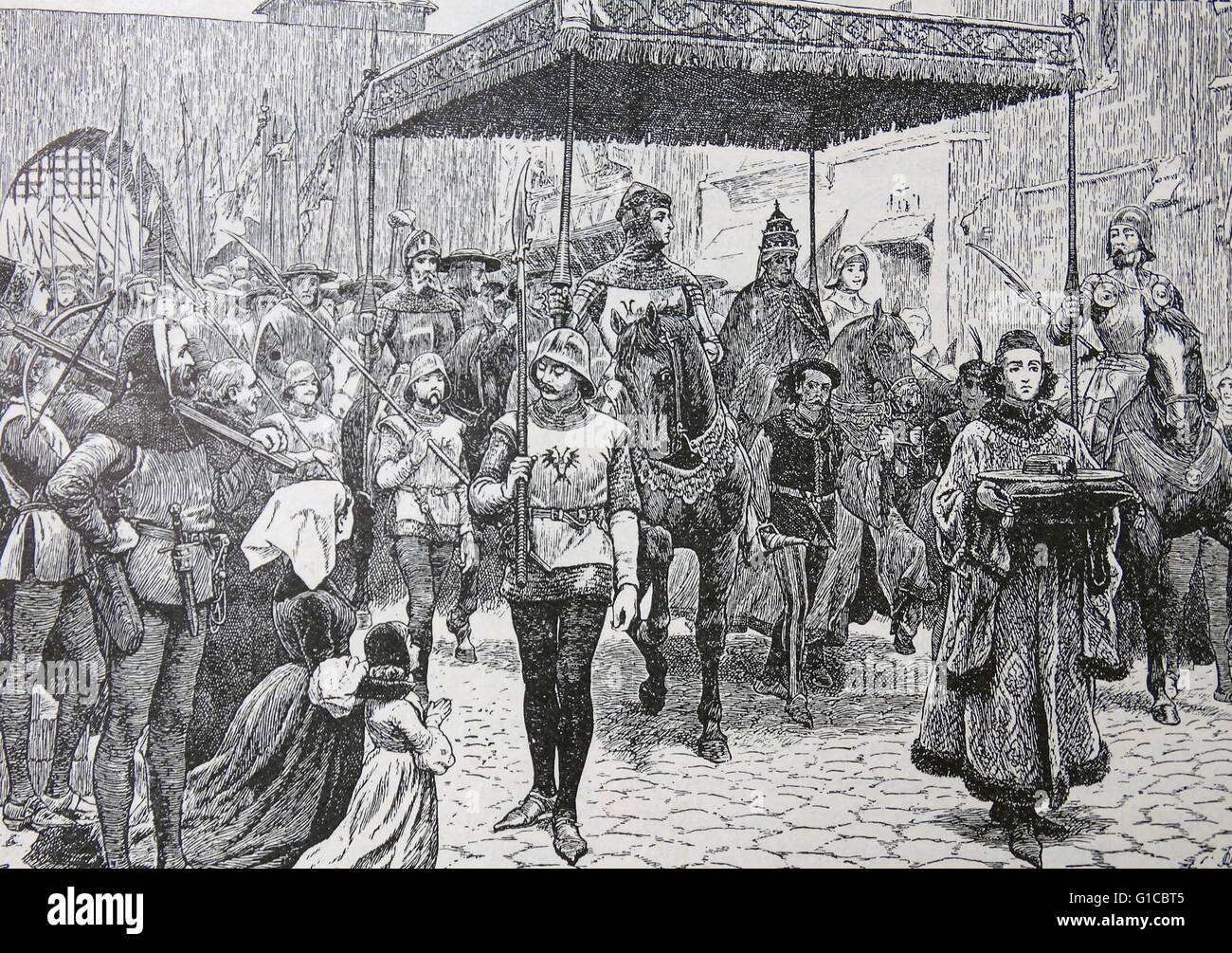 Gravure représentant l'entrée de l'État du Pape Jean XXII en constance pour le fameux conseil. En date du 14e siècle Banque D'Images Gravure représentant l'entrée de l'État du Pape Jean XXII en constance pour le fameux conseil. En date du 14e siècle Banque D'Images