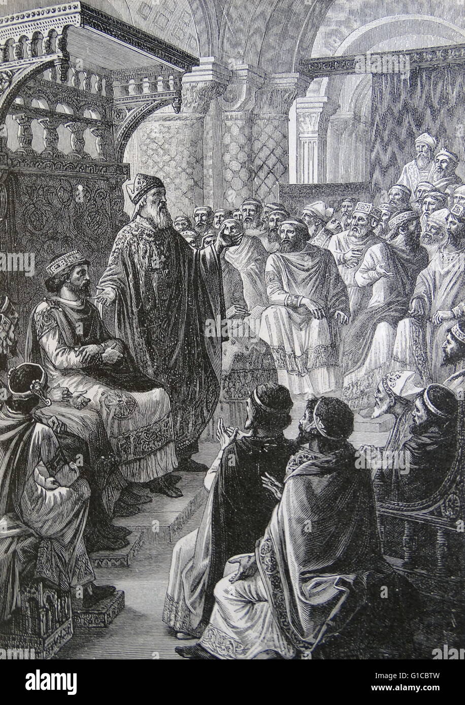 Gravure représentant le couronnement d'Hugues Capet comme roi de France à Reims. En date du 10e siècle Banque D'Images