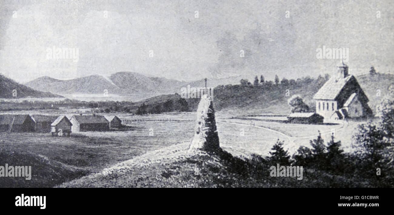 La bataille de Stiklestad en Norvège. Dans cette bataille, le roi Olaf II de Norvège a été tué. Il fut plus tard canonisé. Son jeune demi-frère, Harald Sigurdsson, était également présent à la bataille. Datée 1030 Banque D'Images