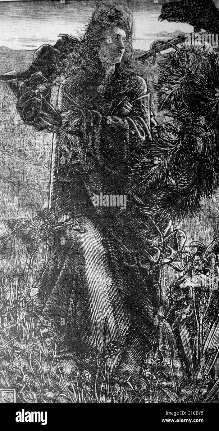 Gravure illustrant la sorcière, le Corbeau et le roi. En date du 9e siècle Banque D'Images