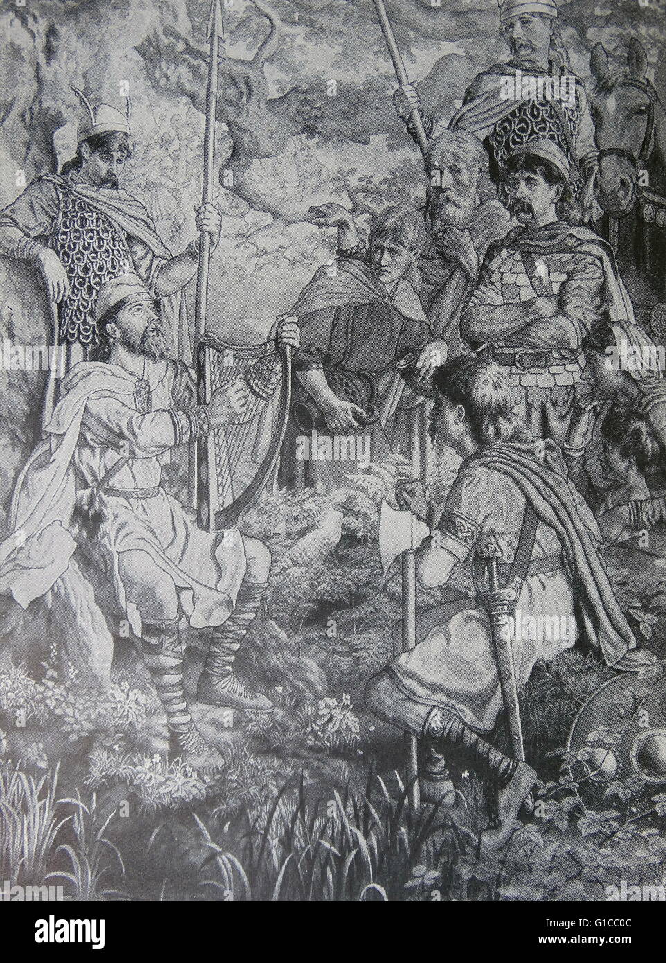 Les guerriers normands se réunissent pour planifier une attaque. Scandinavie ixe siècle Banque D'Images