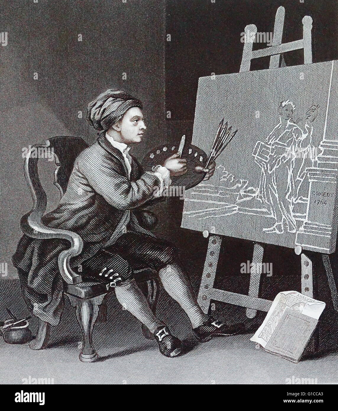 Self Portrait par William Hogarth (1697 - 1764). Anglais, peintre, graveur, image satirique. Banque D'Images