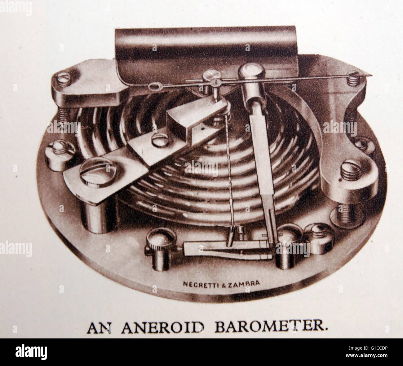 Un baromètre anéroïde pour mesurer la pression atmosphérique. Inventé en 1844 par le chercheur français Lucien Vidi, le baromètre anéroïde utilise une petite boîte de métal flexible, appelé une cellule anéroïde (capsule), qui est fait à partir d'un alliage de cuivre et de béryllium. Banque D'Images