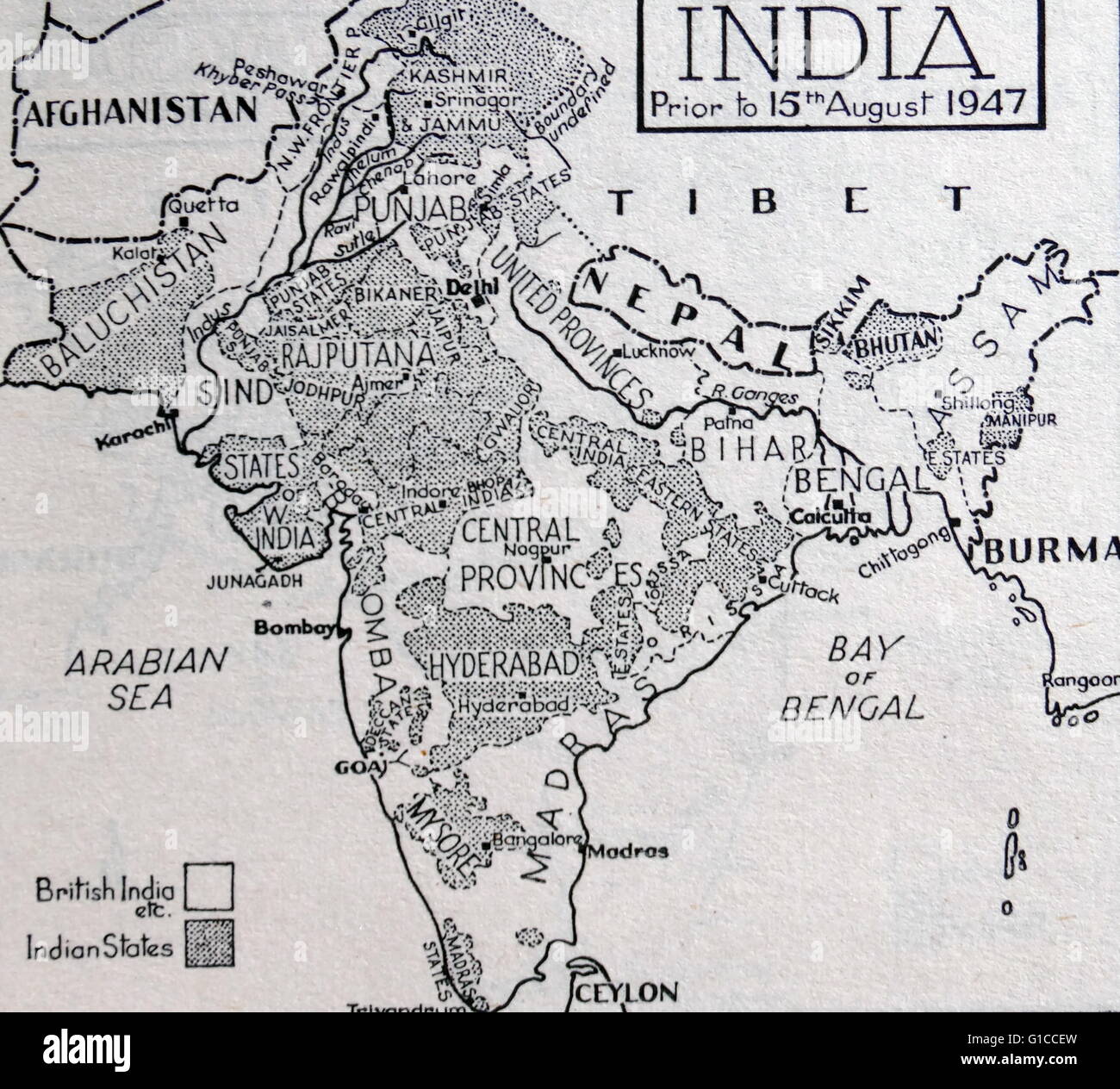 Carte de l'Inde avant la partition de l'Empire des Indes britanniques qui ont conduit à la création de l'Inde et le Pakistan 1947 Banque D'Images