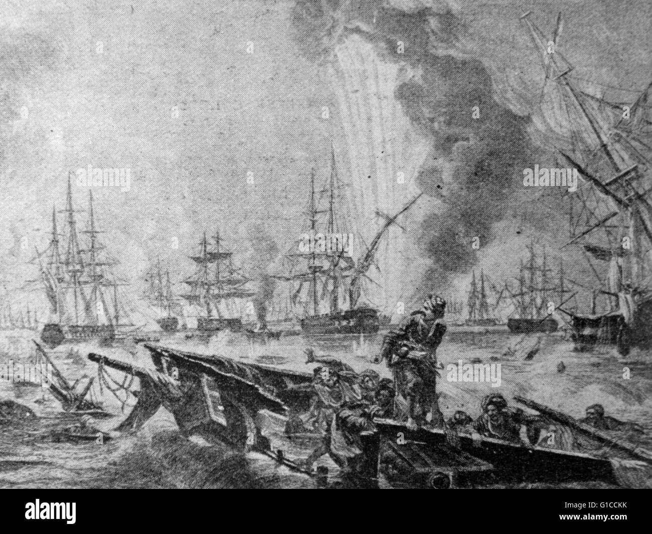 Gravure intitulée The Murderous bataille navale de Navarin le Octobre 1827'. En date du 19e siècle Banque D'Images