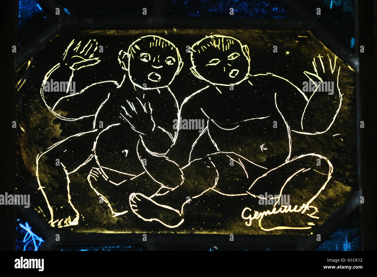 L'abbaye de Saint-Maurice d'Agaune. Vitrail. Signe astrologique. Gemini. Saint-Maurice. La Suisse. Banque D'Images