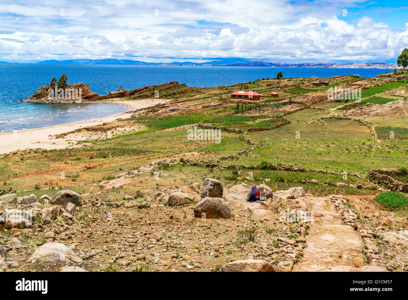 Paysage de l'île de Taquile sur le lac Titicaca, près de ville de Puno, Pérou Banque D'Images