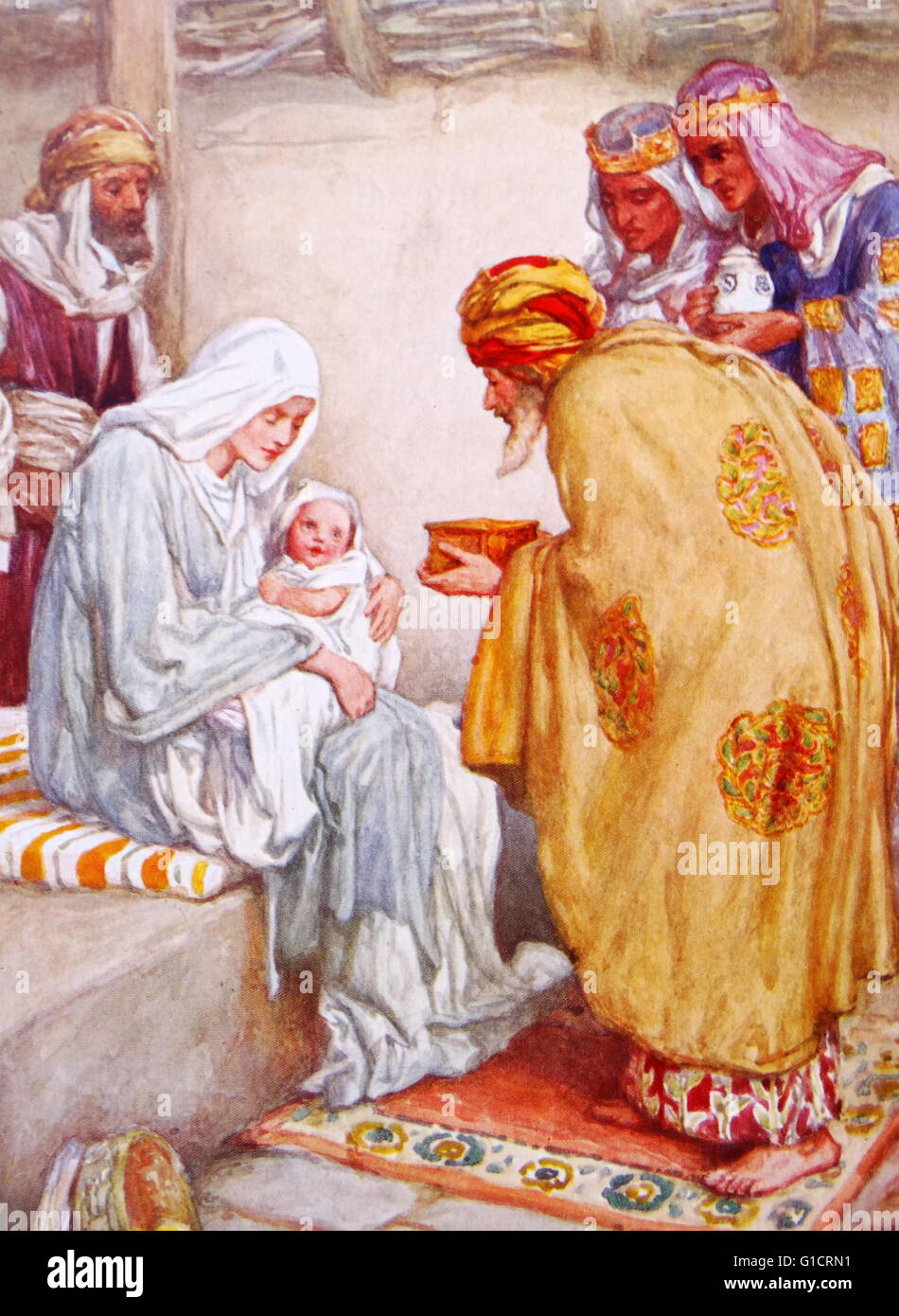 Les Mages (Trois Sages ou trois Rois) dans la tradition chrétienne, un  groupe qui s'est rendu à Jésus après sa naissance ; portant des cadeaux  d'or, encens et myrrhe Photo Stock -