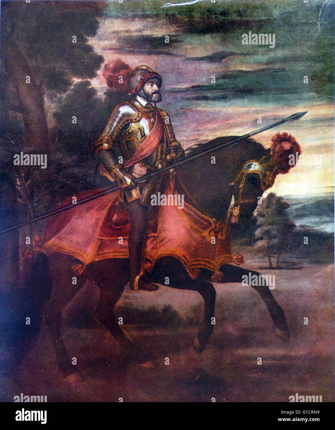 Charles V à cheval à Mühlberg. Titien. 1548. Charles V, empereur romain germanique (1500-1558) ; également Carlos I d'Espagne Banque D'Images