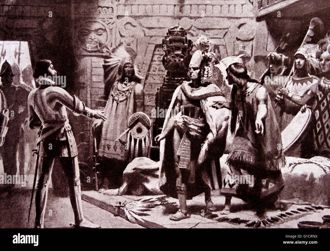 Tableau représentant le Montezuma réunissant Cortés dans son palais où les Espagnols vivaient comme ses invités pendant plusieurs mois Banque D'Images