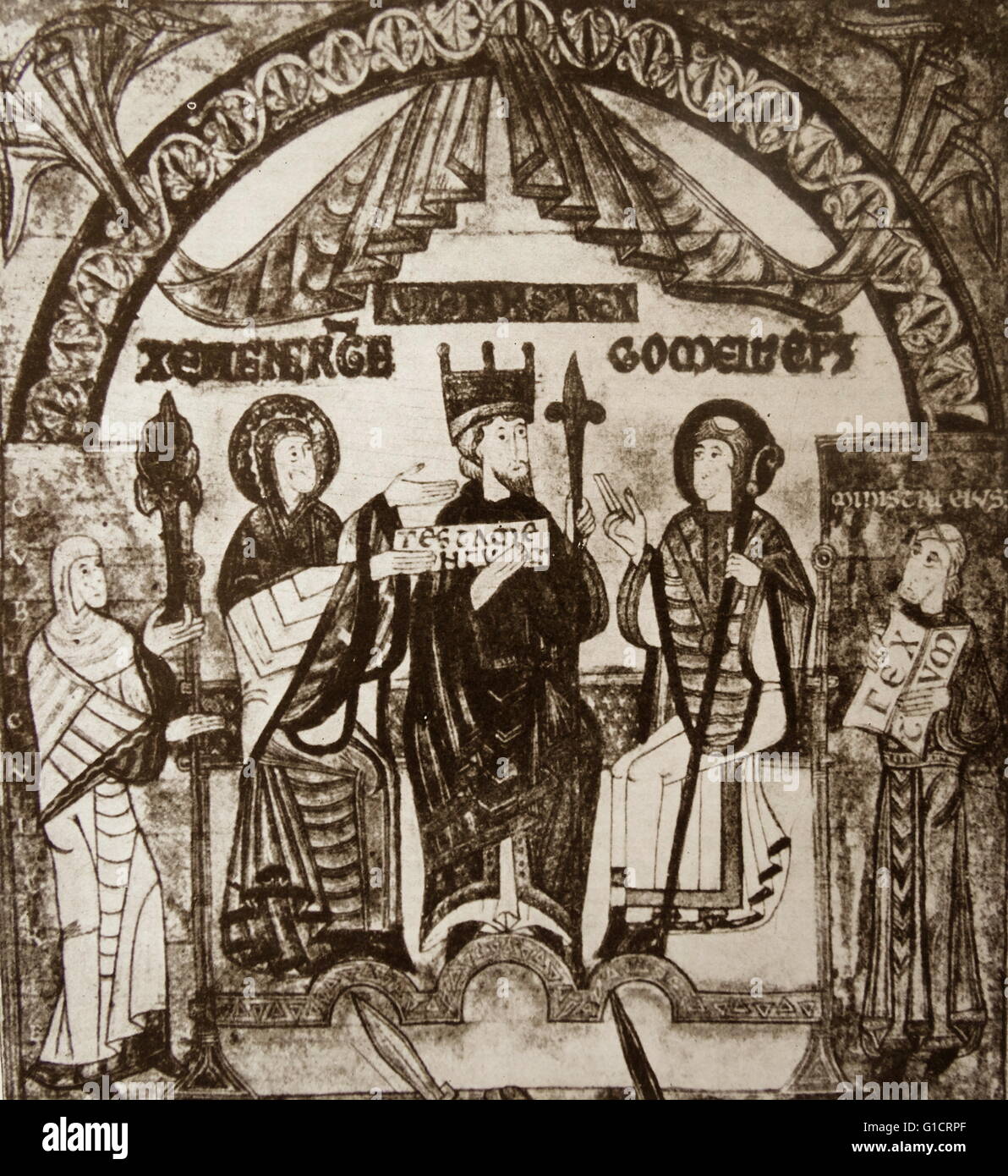 À partir de la Miniature aux archives de la cathédrale d''Oviedo montrant Alfonso III (1265-1291), flanquée de sa reine, Jimena (à gauche), et son évêque, Gomelo II (à droite). Banque D'Images
