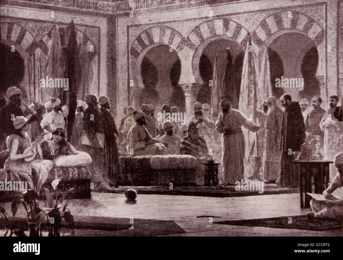 La peinture intitulée 'Abdurrahman III reçoit Jean, moine de Gorza' par Dionisio Baixeras Verdaguer (1862-1943) naturaliste artiste espagnole de Barcelone. En date du 19e siècle Banque D'Images