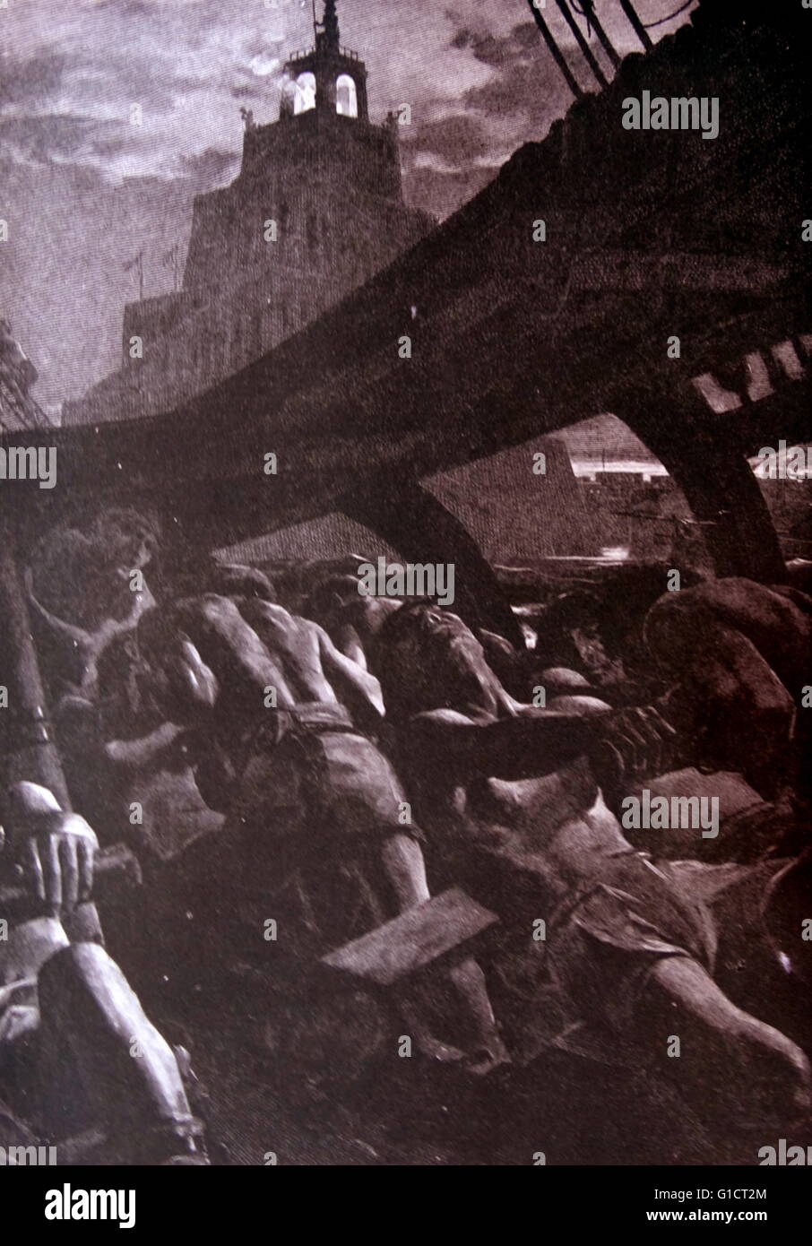 Tableau représentant la construction du phare d'Alexandrie, parfois appelés les pharaons d'Alexandrie, a été un phare construit par le Royaume ptolémaïque Banque D'Images